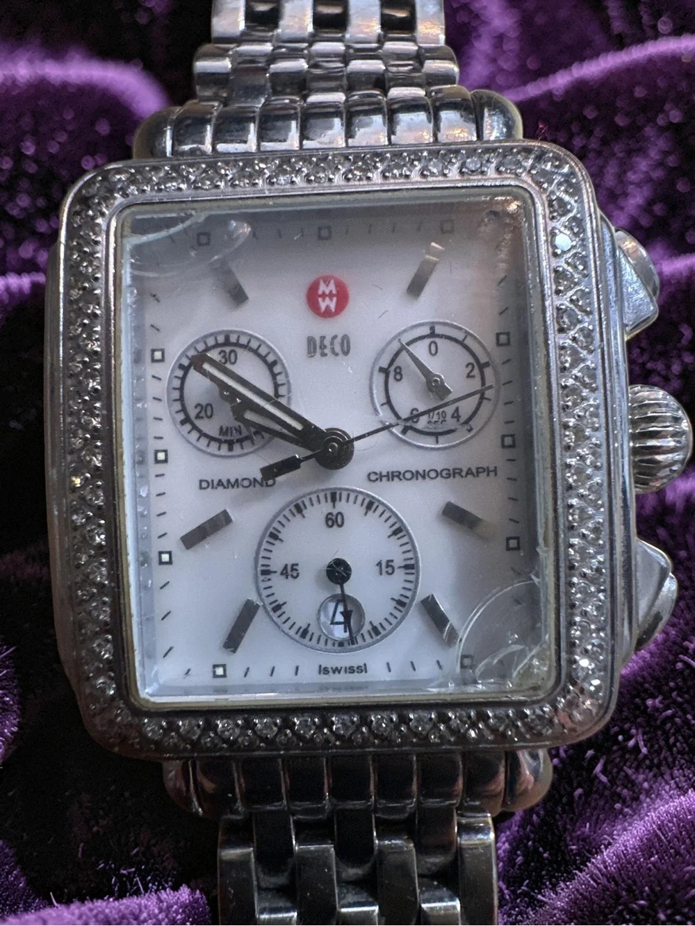 Michele Deco Silver Diamond Dial Watch Women Stainless Steel With 15 Straps